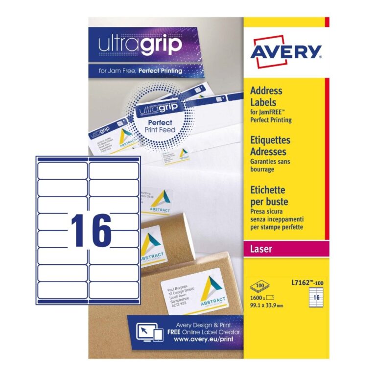 AVERY ADDRESS LABELS L7163-100 WITH ULTRAGRIP AND QUICKPEEL TECHNOLOGY, 99.1 X 38.1 MM, 14 LABELS PER SHEET, 100 SHEETS IN A PACK