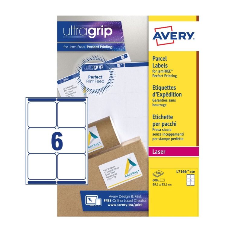 AVERY PARCEL LABELS L7165-100 WITH ULTRAGRIP TECHNOLOGY, 99.1 X 67.7 MM, 8 LABELS PER SHEET, 100 SHEETS IN A PACK