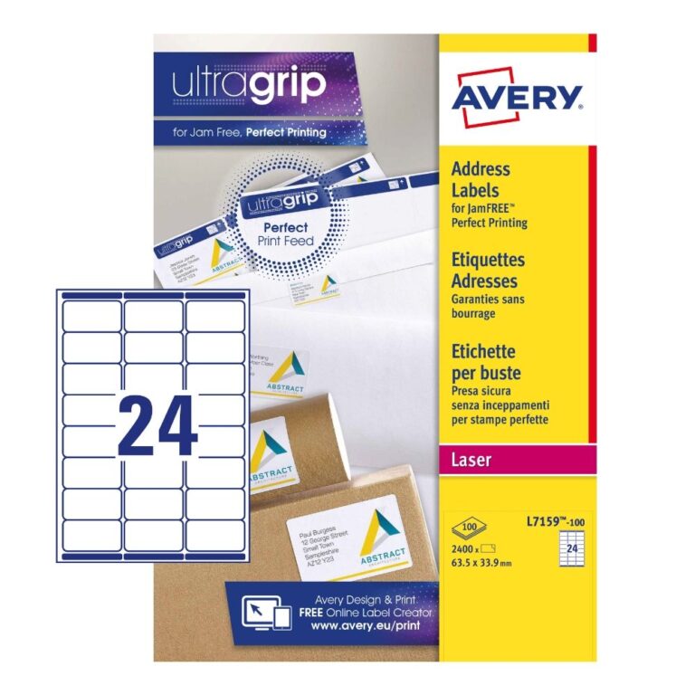 AVERY ADDRESS LABELS L7160-100 WITH ULTRAGRIP AND QUICKPEEL TECHNOLOGY, 63.5 X 38.1 MM, 21 LABELS PER SHEET, 100 SHEETS IN A PACK