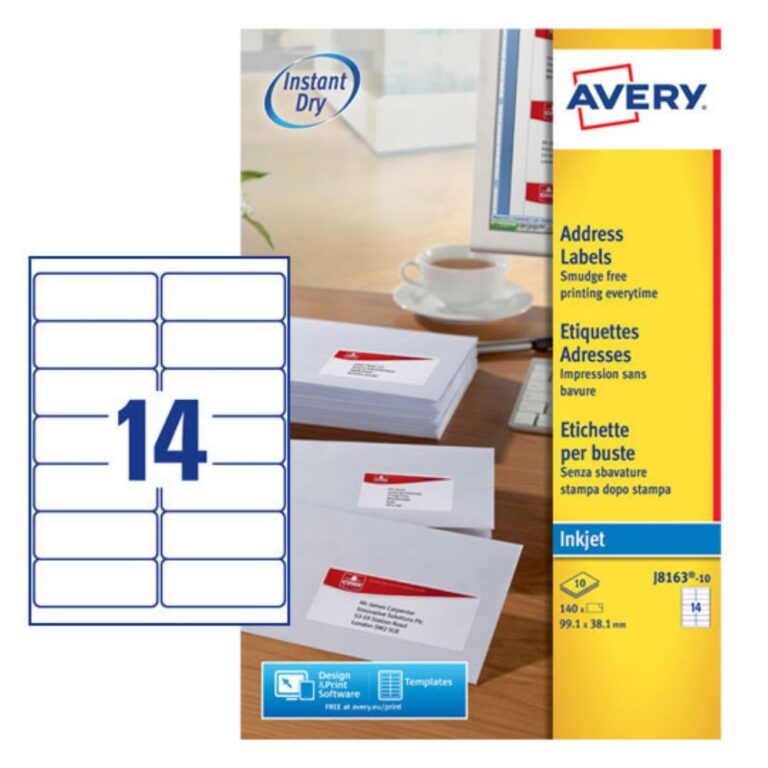 AVERY ADDRESS LABELS FOR INKJET PRINTERS J8163-25, 99.1 X 38.1MM LABELS, WHITE, 14 LABELS PER SHEET, 25 SHEETS IN A PACK