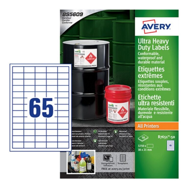 AVERY ULTRA HEAVY DUTY INDUSTRIAL WATERPROOF GHS LABELS B7168-50 EXTRA STRONG ADHESIVE, 144 X 200 MM, 2LABELS PER SHEET, 50 SHEETS IN A PACK