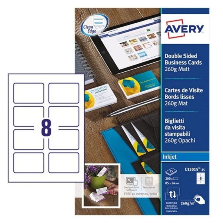 AVERY Business Cards C32028-25, 85 X 54 MM, Glossy, 240GSM, 8 Cards Per Sheet, 25 Sheets Per Pack
