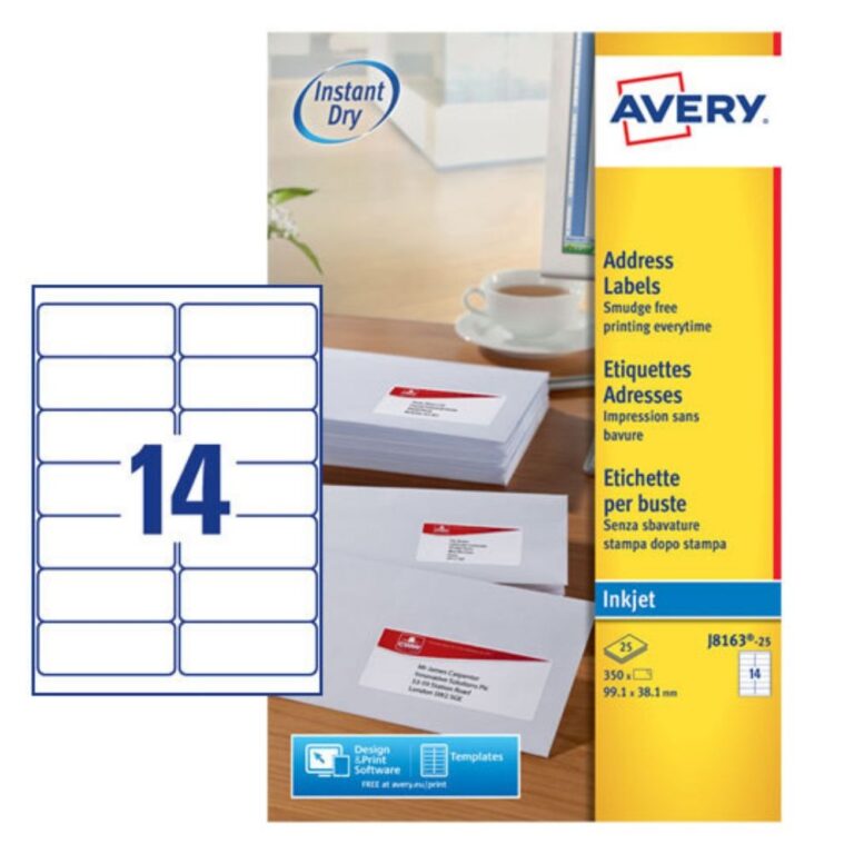 AVERY ADDRESS LABELS FOR INKJET PRINTERS J8163-100, 99.1 X 38.1MM LABELS, WHITE, 14 LABELS PER SHEET, 100 SHEETS IN A PACK