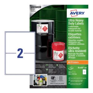 ULTRA HEAVY DUTY INDUSTRIAL WATERPROOF GHS LABELS B7169-50 EXTRA STRONG ADHESIVE, 99 X 139 MM, 4 LABELS PER SHEET, 50 SHEETS IN A PACK