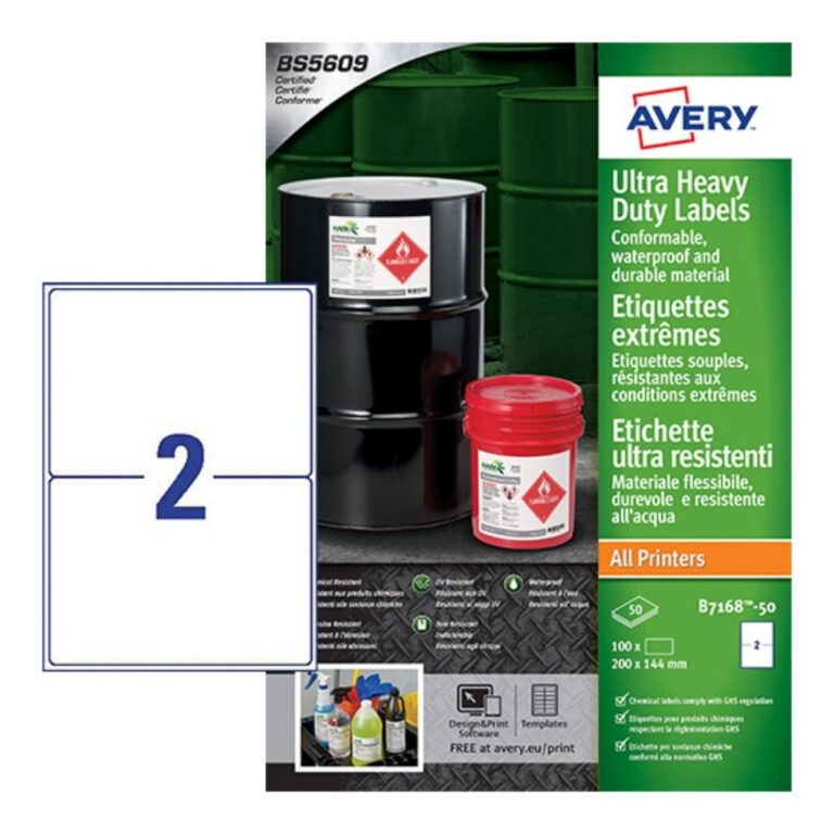 AVERY ULTRA HEAVY DUTY INDUSTRIAL WATERPROOF GHS LABELS B7169-50 EXTRA STRONG ADHESIVE, 99 X 139 MM, 4 LABELS PER SHEET, 50 SHEETS IN A PACK