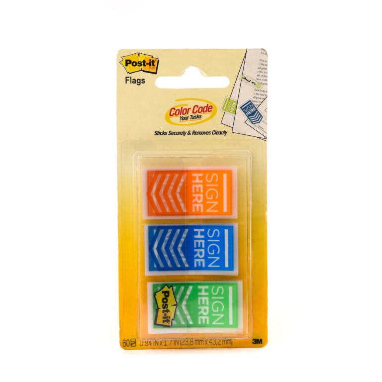3M Post-it Flags “sign Here” 682-SH-OBL In Otg Dispenser. 1 X 1.7 In (25.4 MM X 43.2 MM), 20 Flags/color, 3 Colors/pack