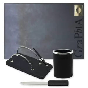 Desk Sets 4 Pieces (Desk Blotter, Envelope Holder, Pen Holder, Letter Opener) Colour Graphia Black – UADS10011EGP