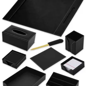 FIS FSDSEXB221BK Bonded Leather Desk Set, 9 Pieces, Black