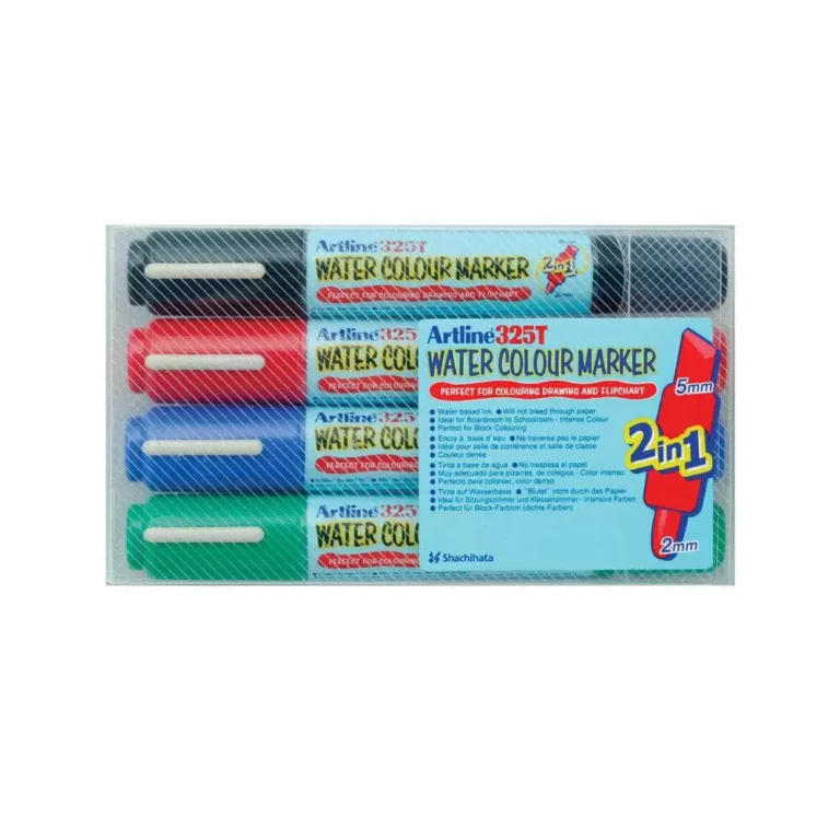 Artline 325T Water Colour Markers, Pack of 4 Pcs, Assorted Colors, Acrylic Fibre Tip(5.0mm/2.0mm) – ARWCEK-325T