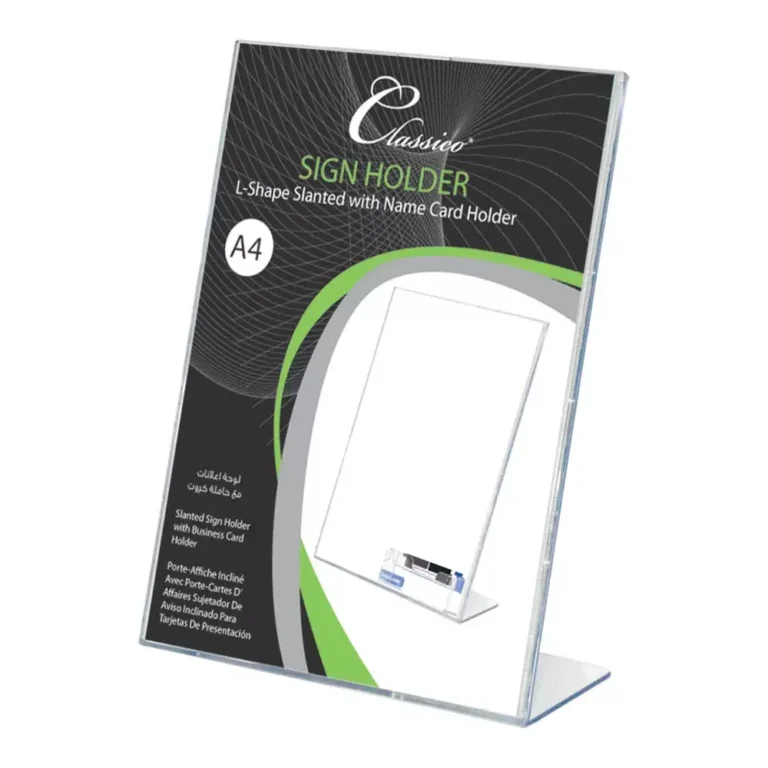 FIS FSNA1304 Sign Holder L-Shape Slanted with Name Card Holder, A4 Size