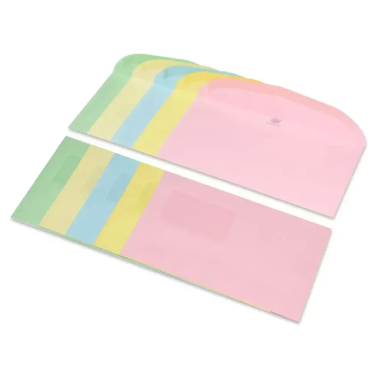 FIS Pack of 50 Pastel Color Envelopes, 80 GSM, Size 114 X 232mm, Glued, Round Window, Color Assorted 5 Pastel Colors