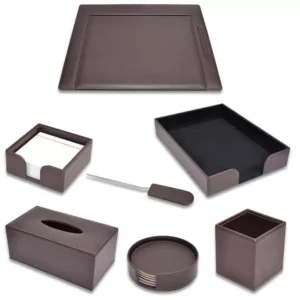 Executive Desk Set Italian PU Dark Brown – Set of 7 Pieces