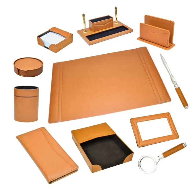 FIS FSDS182LBR PU Desk Set, 11 Pieces, Light Brown