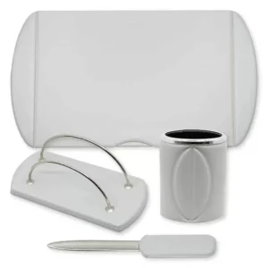 4 Pieces Desk Sets (Desk Blotter, Envelope Holder, Pen Holder, Letter Opener) Colour Grey – UADS10012CL