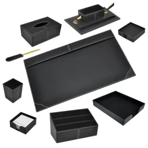 FIS 9 Pieces Executive Desk Set Italian PU, Black Color – FSDS172BK