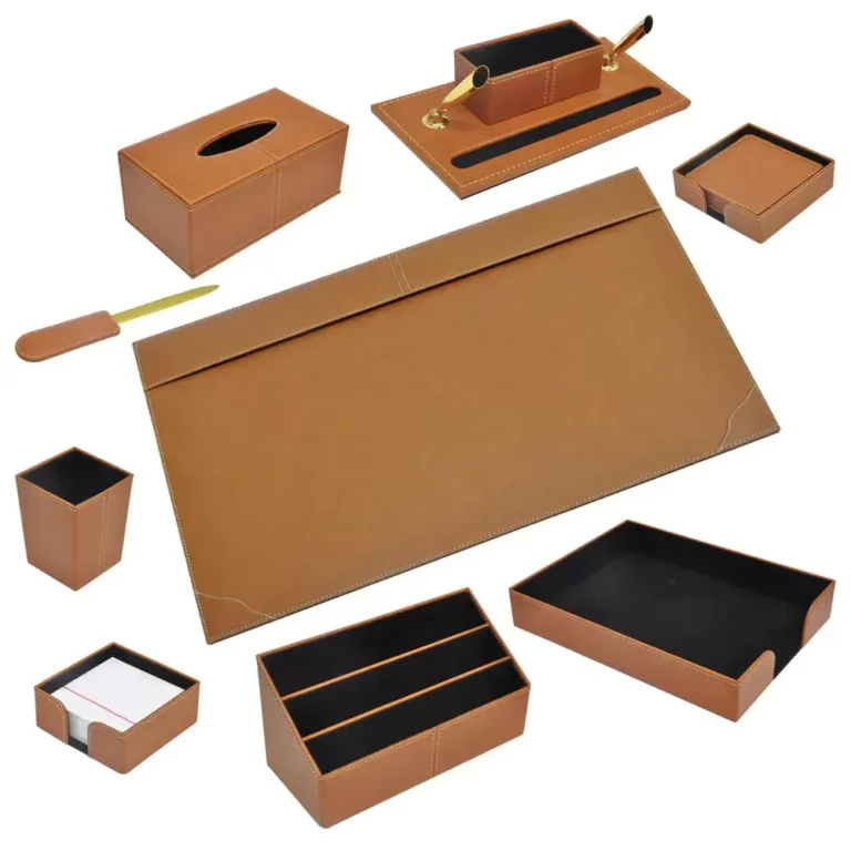 FIS FSDS172BR PU Desk Set, 9 Pieces, Brown