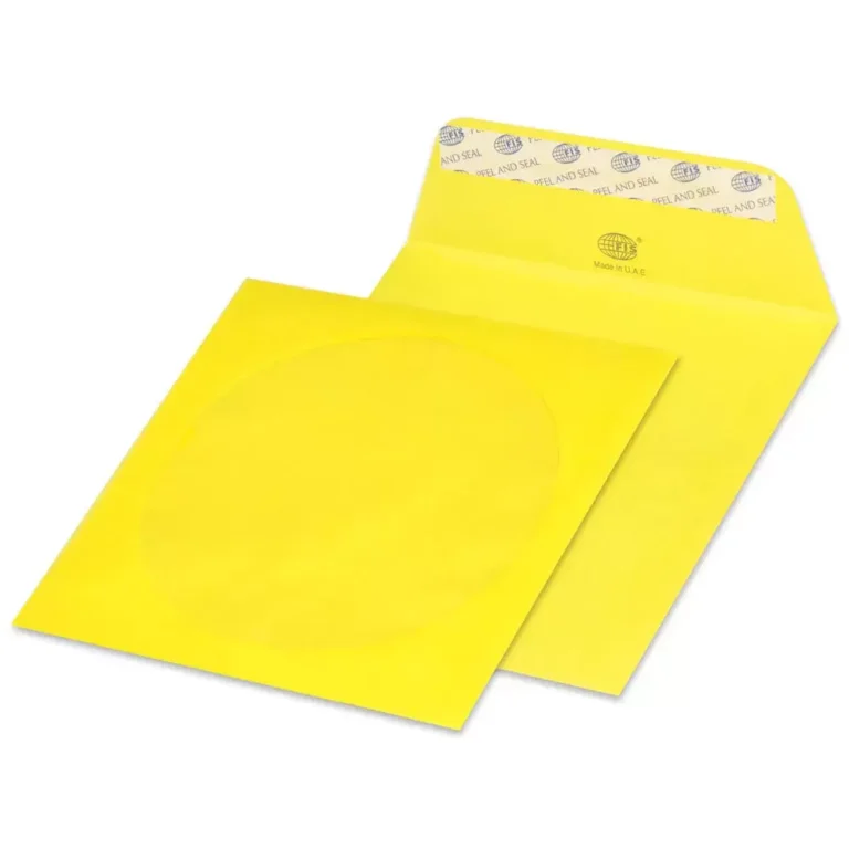FIS Pack of 25 Color CD Envelopes, 80 GSM, Peel and Seal, Size 125 X 125 mm, Round Window, Color Lemon