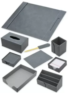 FIS Executive Desk sets, Bonded Leather, Grey Set of 9 Pieces -FSDSEXB221GY