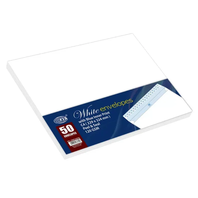 FIS White Envelopes Glued Peel & Seal Inner Print Blue, Pack of 50 Pcs. C4 (229 x 324 mm), 120 GSM – FSWE1242PI50