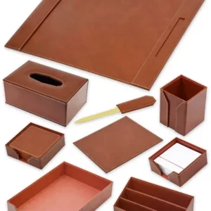 FIS FSDSEXB221BR Bonded Leather Desk Set, 9 Pieces, Brown