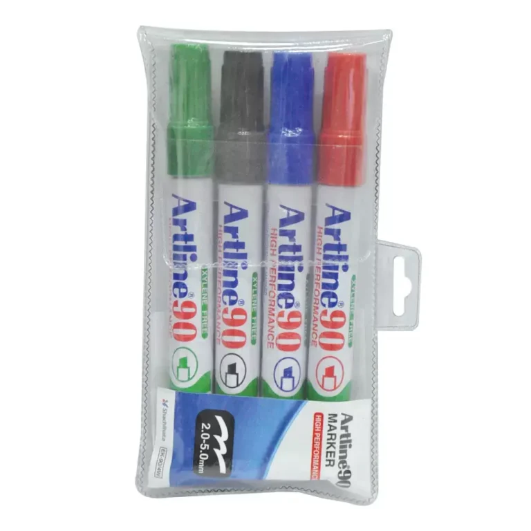 Artline 90 Permanent Markers 2.0mm-5.0mm, Pack of 4 Pcs, Assorted Colors, Acrylic Fibre Tip, Chisel Style – ARMK90XFS-4