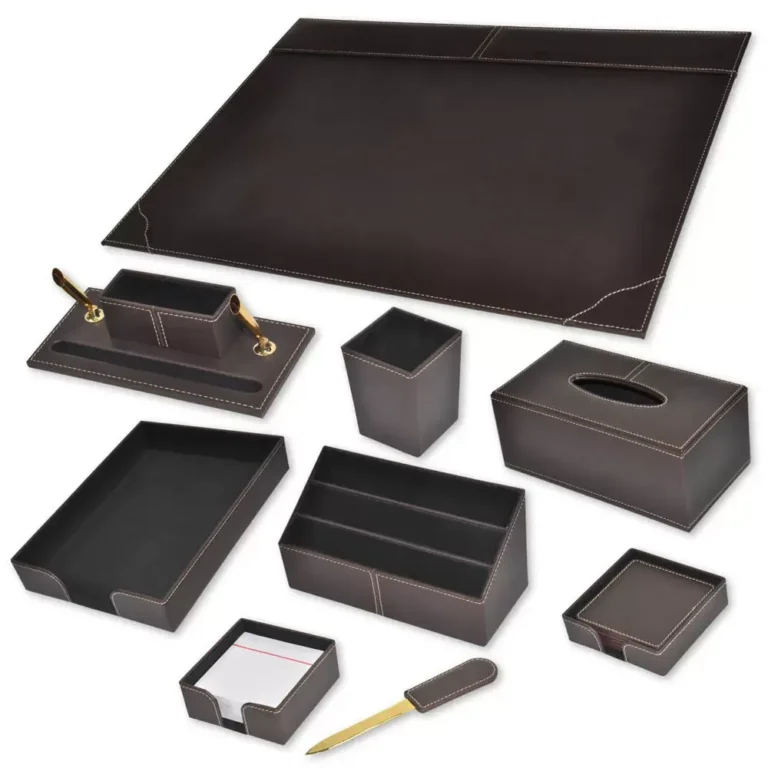 FIS FSDS172DBR PU Desk Set, 9 Pieces, Dark Brown