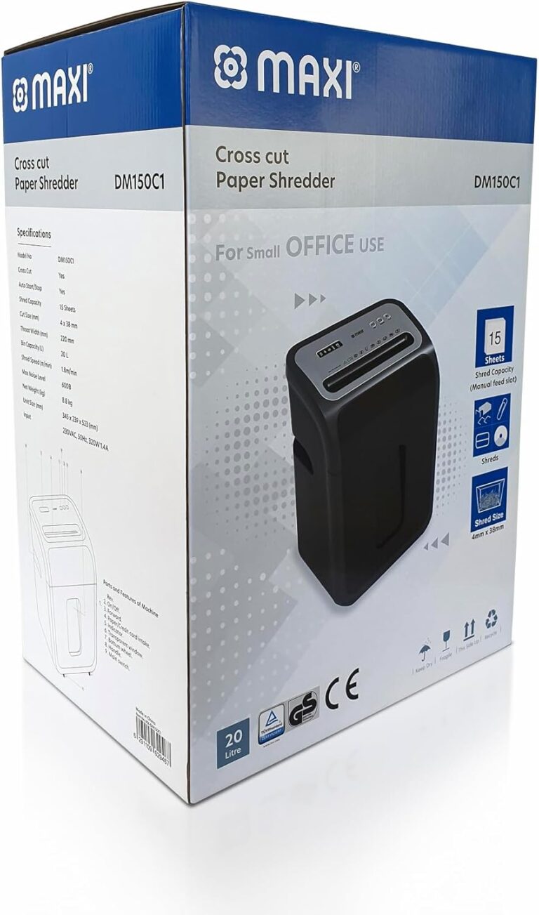 Maxi Paper Shredder 15-Sheet Cross-Cut, 20 Litres Shredder for Home and Office, Heavy Duty, Shred Paper Clips, Staples and Credit Cards