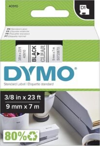 DYMO Standard D1 40910 Labeling Tape (Black Print on Clear Tape, 3/8” W x 23′ L, 1 Cartridge), DYMO Authentic