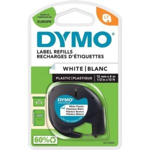 Dymo LetraTag Tape – S0721660, 12mm x 4m, Black on White, Plastic White