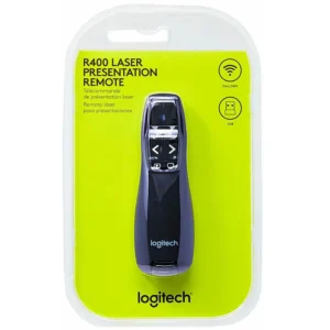 Logitech R400 Wireless Presentation Remote 2.4 GHz USB-Receiver Red Laser Pointer 15-Meter Operating Range 6 Buttons Intuitive Slideshow Control Battery Indicator PC