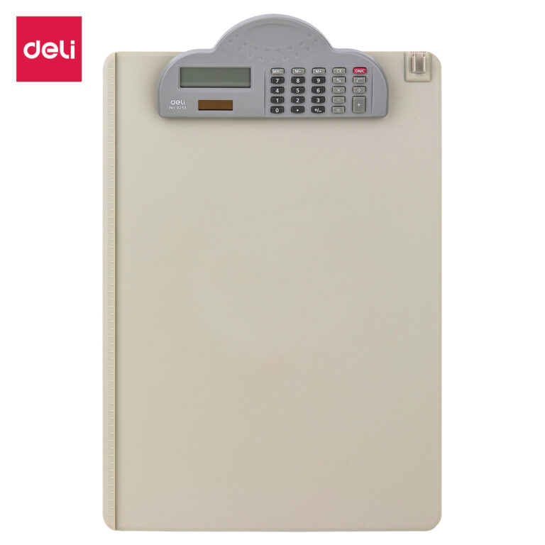 Deli E9259 A4 Clipboard with Calculator and Pen Holder, Grey