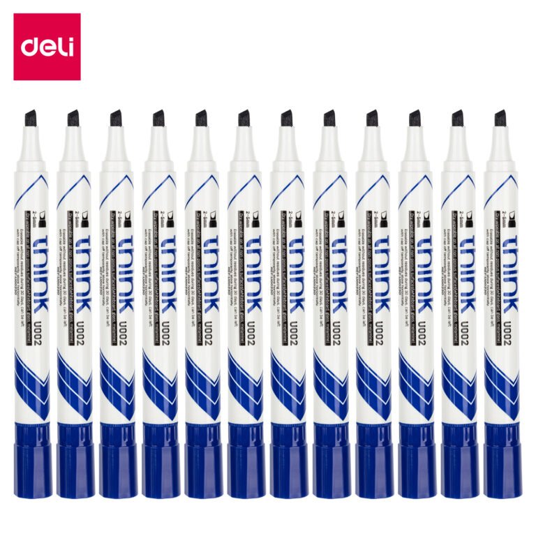 Deli EU00230 Whiteboard Markers, Chisel, 2.0–5.0 mm, Blue, Pack of 12