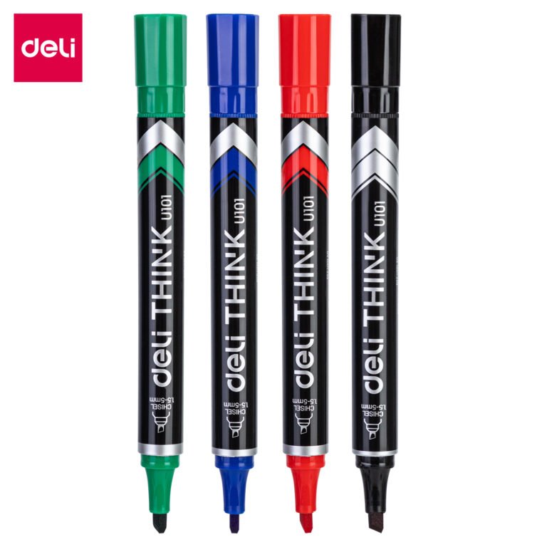 Deli Permanent Marker Chisel 1.5-5mm (Bk, Rd, Bl, Gr)