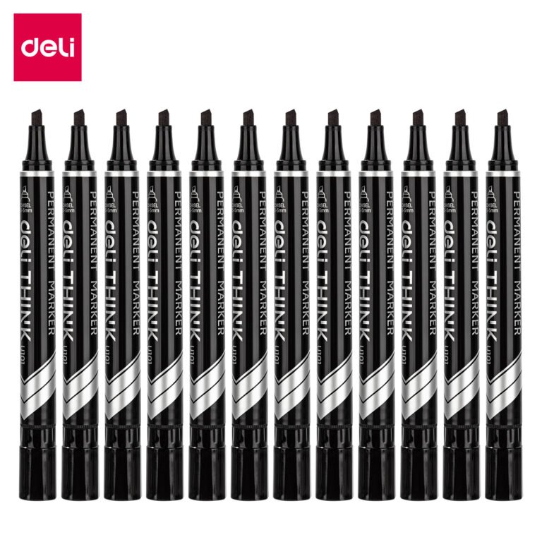 Deli EU10120 Permanent Markers, Chisel, 1.5–5.0 mm, Black, Pack of 12