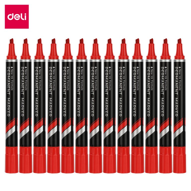 Deli EU10140 Permanent Markers, Chisel, 1.5–5.0 mm, Red, Pack of 12