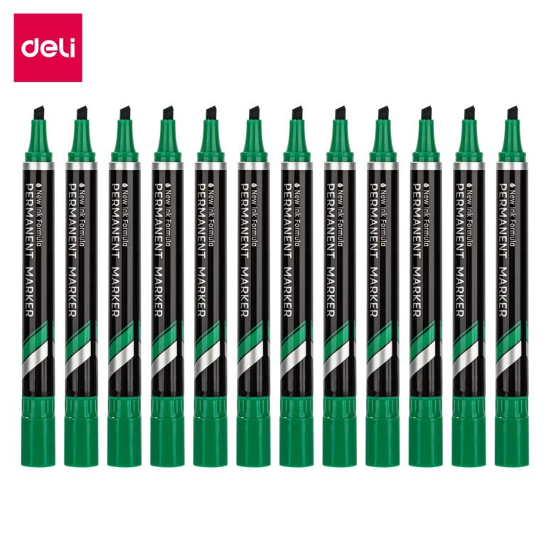 Deli EU10150 Permanent Markers, Chisel, 1.5–5.0 mm, Green, Pack of 12