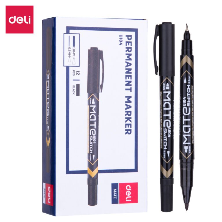 Deli EU10420 Permanent Markers, Dual Tips, 0.5 mm and 1.0 mm, Black, Pack of 12