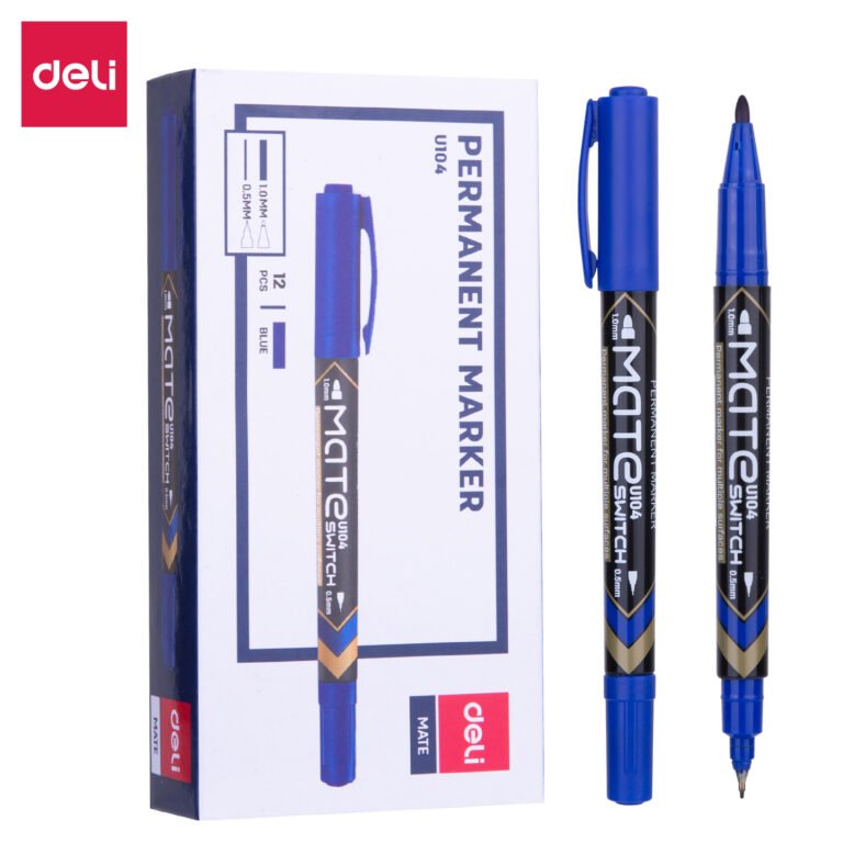 Deli EU10430 Permanent Markers, Dual Tips, 0.5 mm and 1.0 mm, Blue, Pack of 12