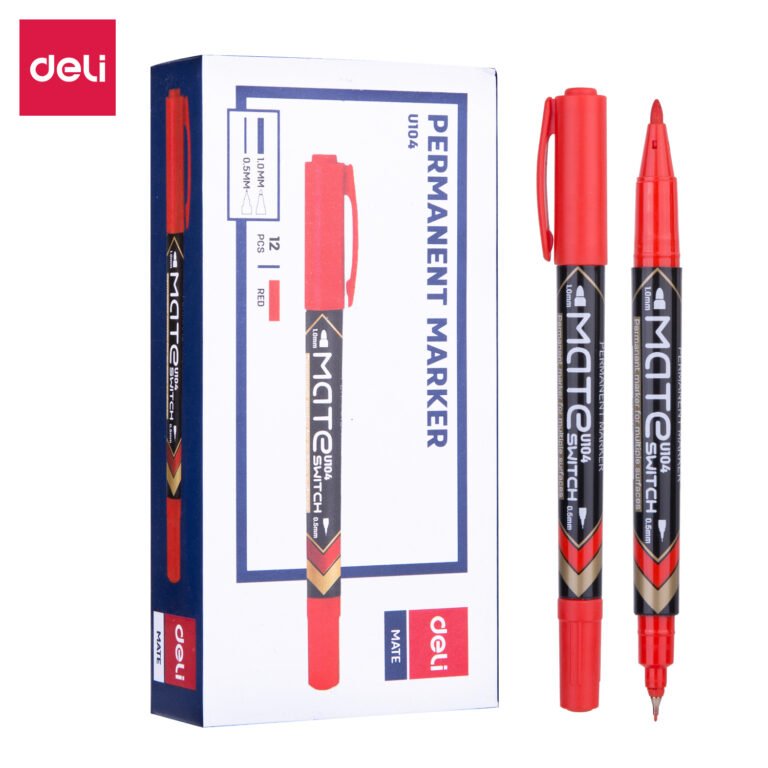 Deli EU10440 Permanent Markers, Dual Tips, 0.5 mm and 1.0 mm, Red, Pack of 12