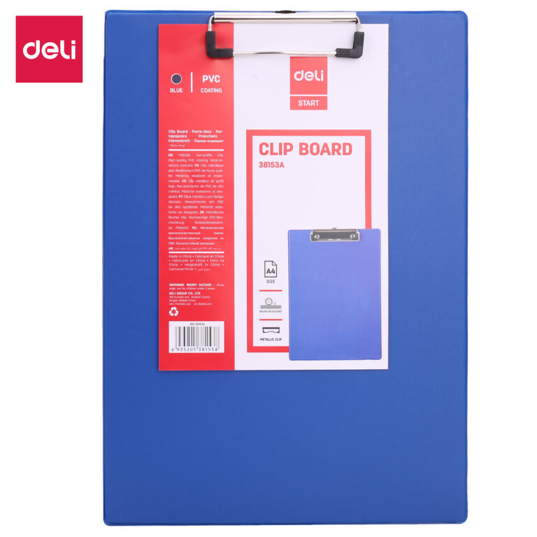 Deli E38153A A4 Clipboard, Blue, Low-profile metal clip