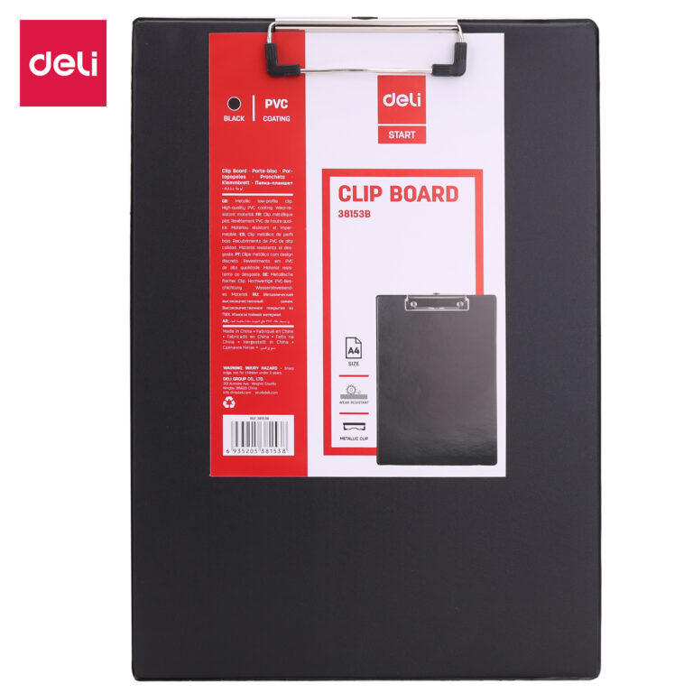 Deli E38153B A4 Clipboard, Black, Low-profile metal clip