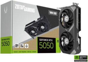 ZOTAC GAMING GeForce RTX 5050 Twin Edge 8GB Graphics Card, GDDR6 128-Bit Memory, 2572 MHz Engine Clock, 20 Gbps Memory Clock, 2560 CUDA Cores, PCI Express 5.0 x8 | ZT-B50500E-10M