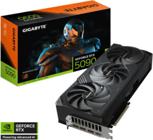 GIGABYTE GeForce RTX 5090 WINDFORCE 32GB Graphics Card, GDDR7 512-Bit Memory, 2407 MHz Core Clock, 28 Gbps Memory Clock, 21760 CUDA Cores, PCI-Express 5.0, Black | GV-N5090WF3-32GD