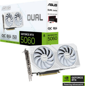 ASUS Dual GeForce RTX 5060 White OC Edition 8GB GDDR7 Graphics Card, 8GB GDDR7 128-Bit Memory, 2535MHz Boost Clock, 28 Gbps Memory Speed, 3840 CUDA Cores, PCI Express 5.0, White | 90YV0N15-M0NA00