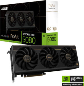 ASUS ProArt GeForce RTX 5080 16GB GDDR7 OC Edition 16GB Graphics Card, GDDR7 256-Bit Memory, 2700 MHz Boost Clock, 10752 CUDA Cores, 30 Gbps Memory Speed, PCI Express 5.0 | 90YV0N30-M0NM00