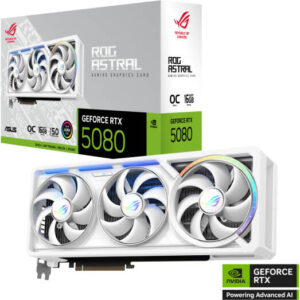 ASUS ROG Astral GeForce RTX 5080 16GB GDDR7 WHITE OC Edition Graphics Card, 16GB GDDR7 256-Bit Memory, 10752 CUDA Cores, 30 Gbps Memory Speed, PCI Express 5.0 | 90YV0LV4-M0NA00