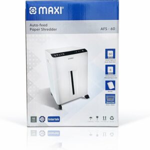 Maxi AFS60 Auto-Feed Paper Shredder Cross Cut. has a shredding capacity of 6 sheets (80 gsm) and card, staples. with overheating protection, White