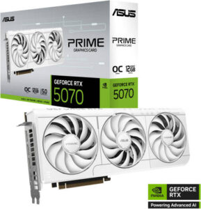 ASUS Prime GeForce RTX 5070 12GB OC Edition Graphics Card, GDDR7 192-Bit Memory, 2557MHz Boost Clock, 6144 CUDA Cores, 28 Gbps Memory Speed, PCI Express Gen 5, White | 90YV0M19-M0NA00