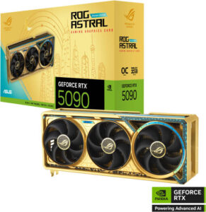 ASUS ROG Astral GeForce RTX 5090 Dhahab OC Edition Graphics Card, 32GB GDDR7 512-Bit Memory, 2580 MHz Boost Clock, 21760 CUDA Cores, 28 Gbps Memory Speed, Gold | 90YV0LW6-M0NM00