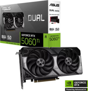 ASUS Dual GeForce RTX 5060 Ti Graphics Card, 8GB GDDR7 128-Bit Memory, 2572 MHz Boost Clock, 28 Gbps Memory Speed, 4608 CUDA Cores, PCI Express 5.0 | 90YV0MP3-M0NA00